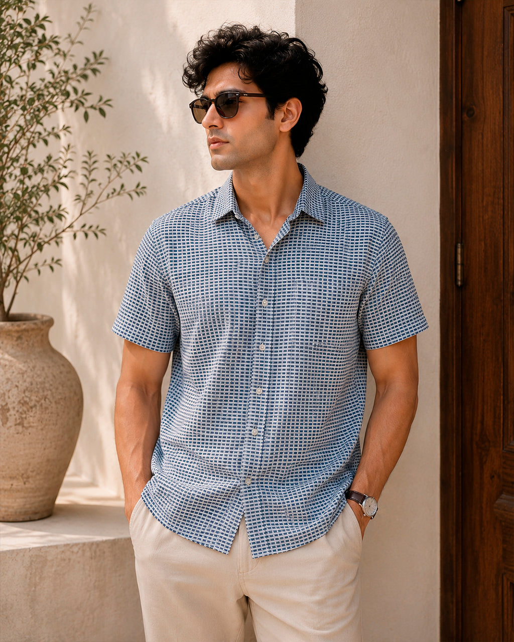 Indigo Check Print Hand Block Printed Half Shirt