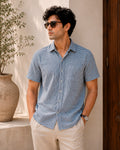 Indigo Check Print Hand Block Printed Half Shirt