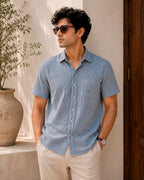 Indigo Check Print Hand Block Printed Half Shirt