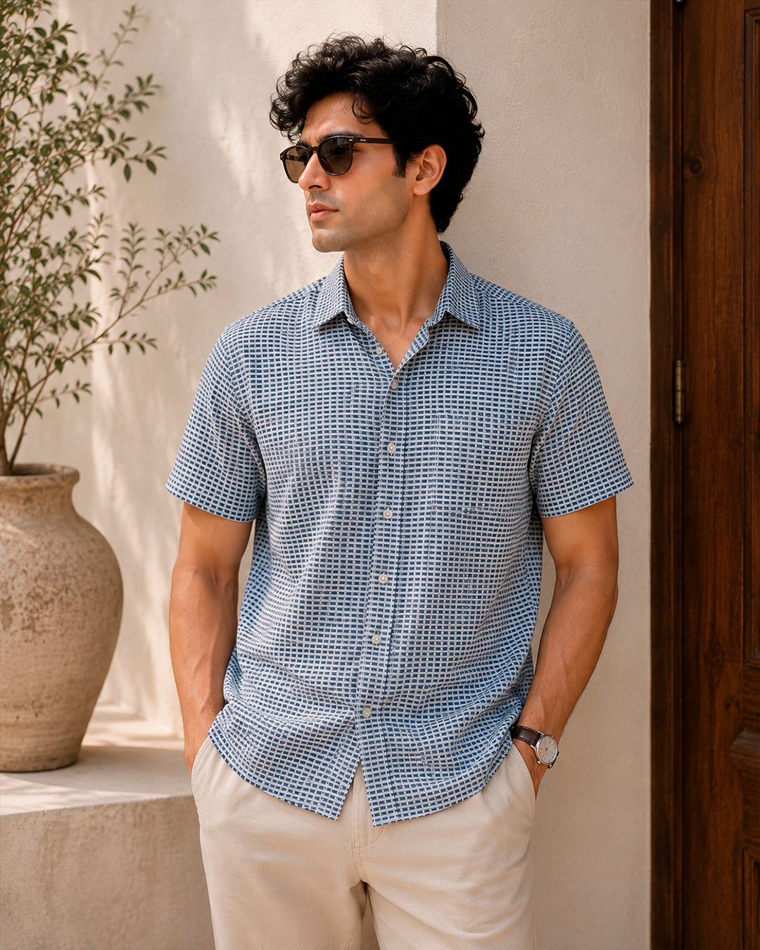 Indigo Check Print Hand Block Printed Half Shirt