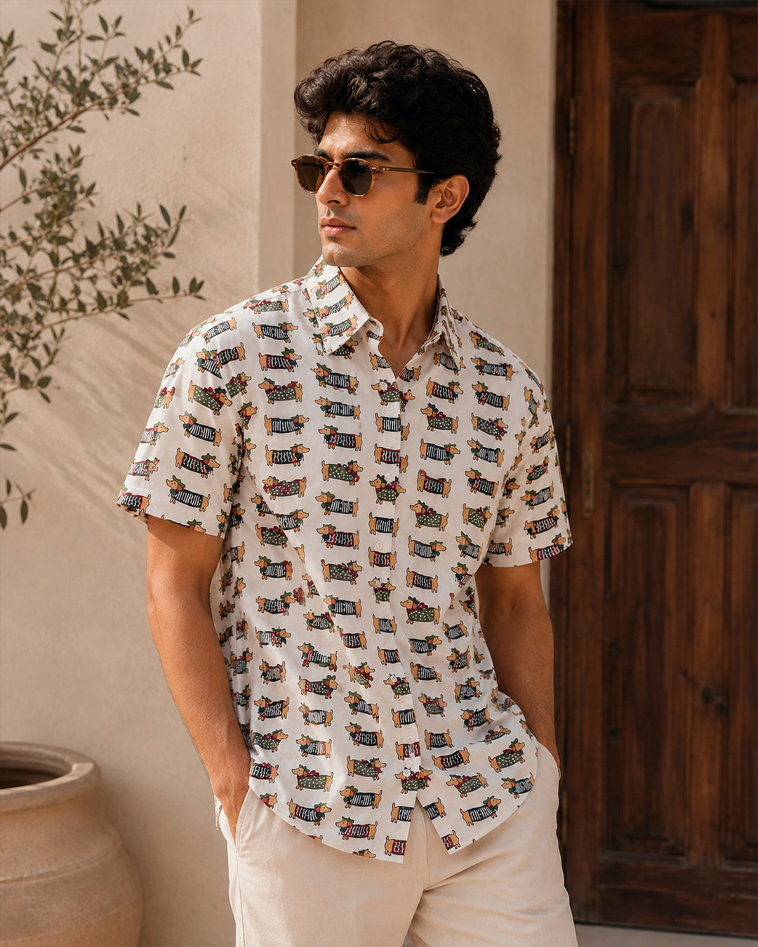 Dachshund Pattern Half-Sleeve Shirt