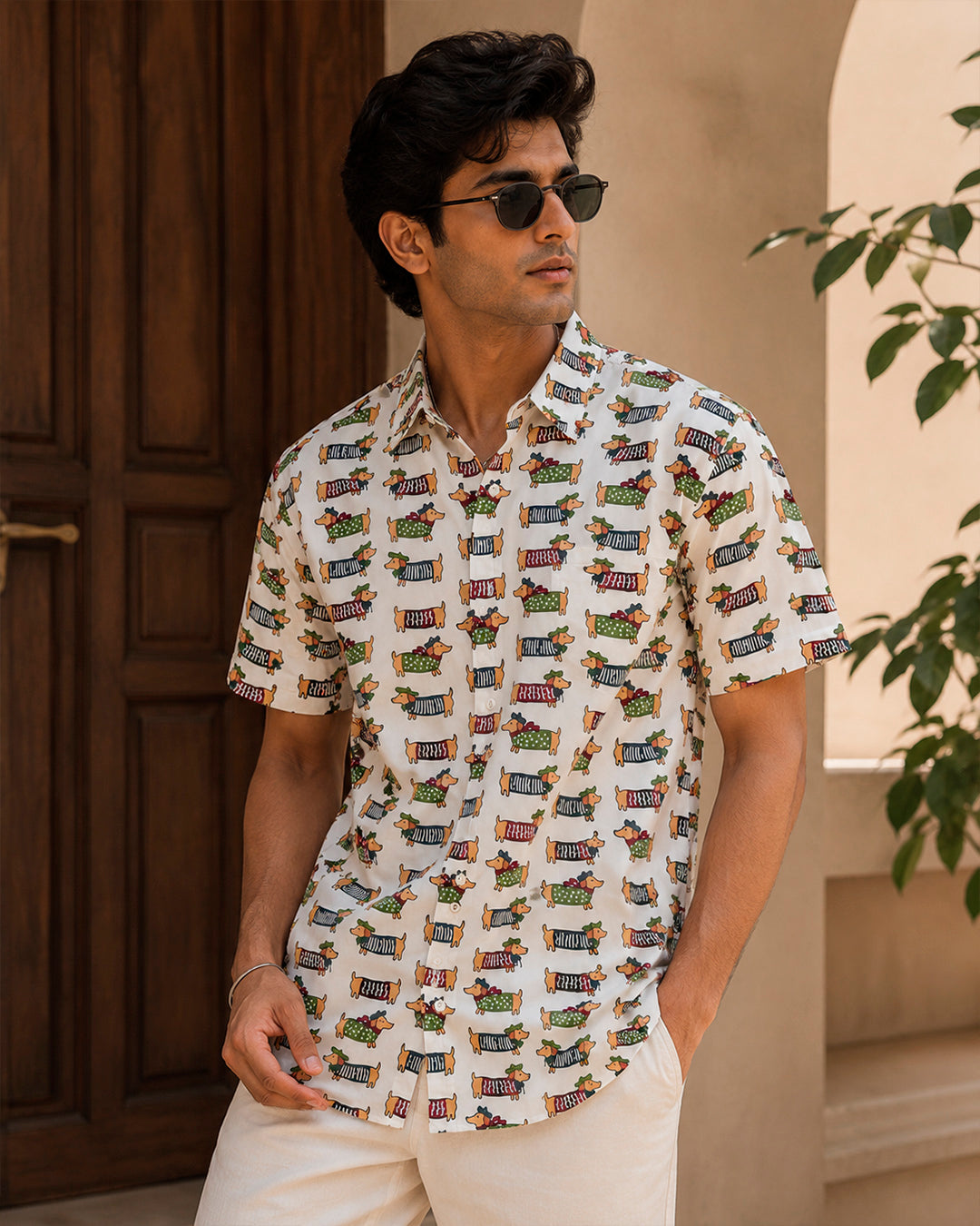 Dachshund Pattern Half-Sleeve Shirt