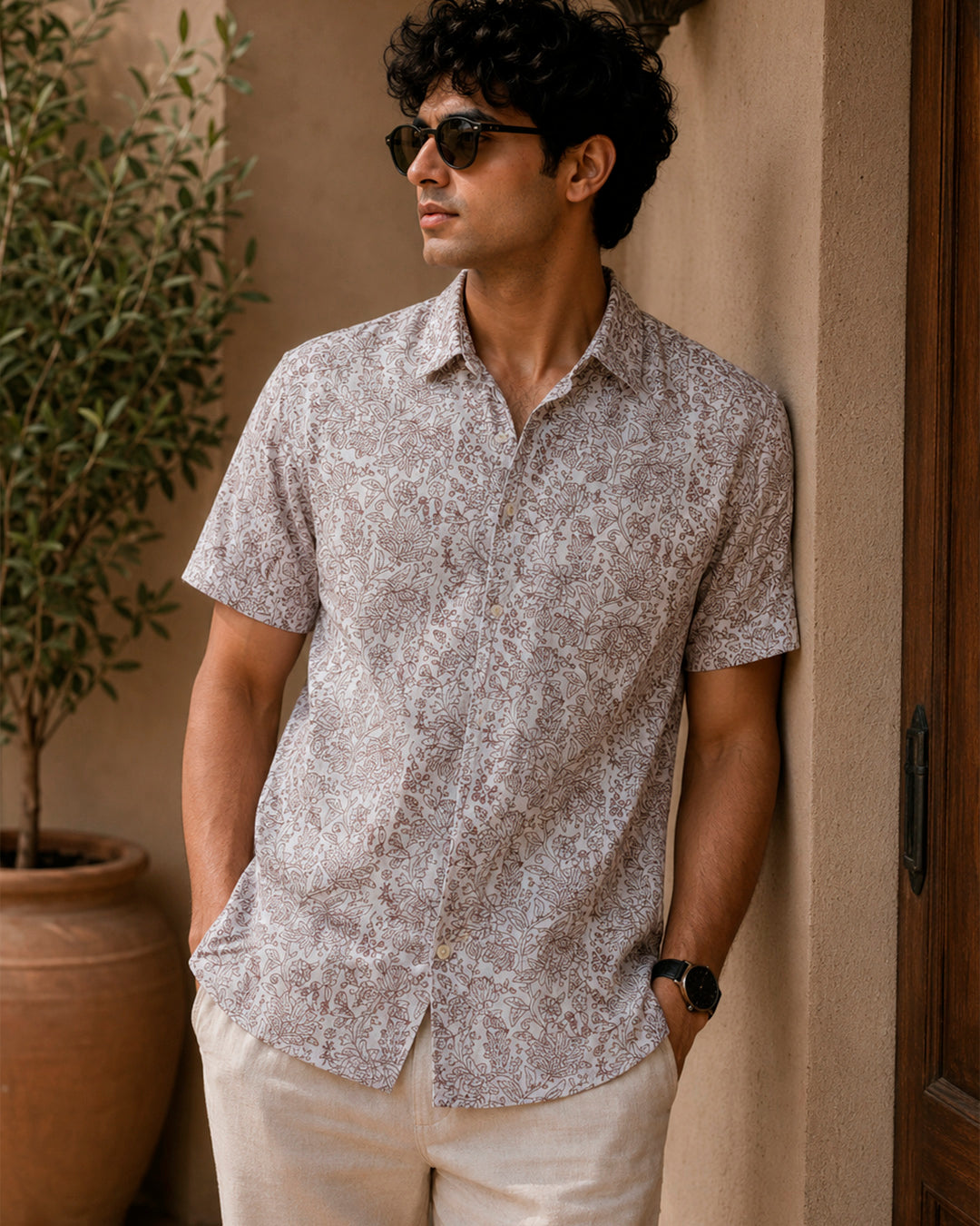 Maroon Floral Print Half Sleeve Shirt