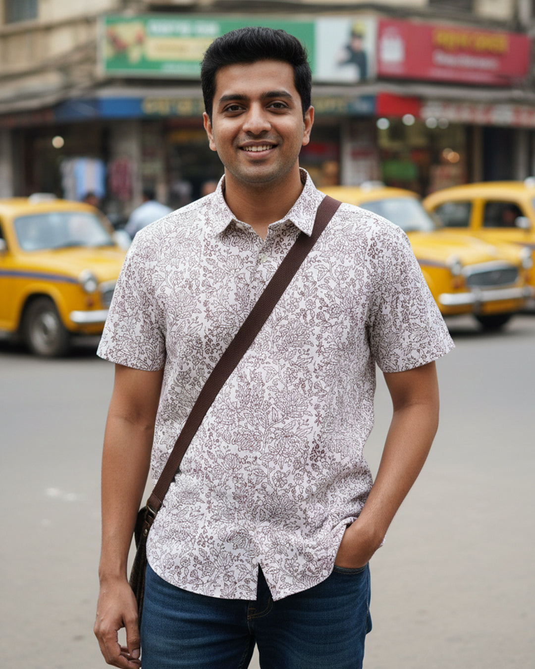 Maroon Floral Print Half Sleeve Shirt