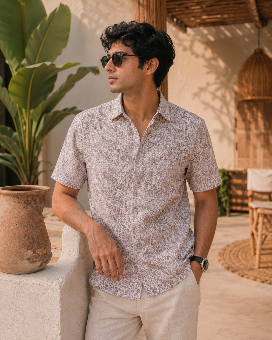 Maroon Floral Print Half Sleeve Shirt