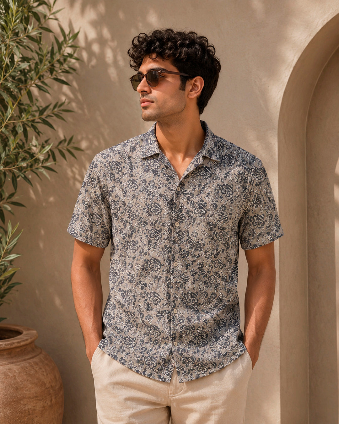 Grey and White Kalamkari Printed Shirt
