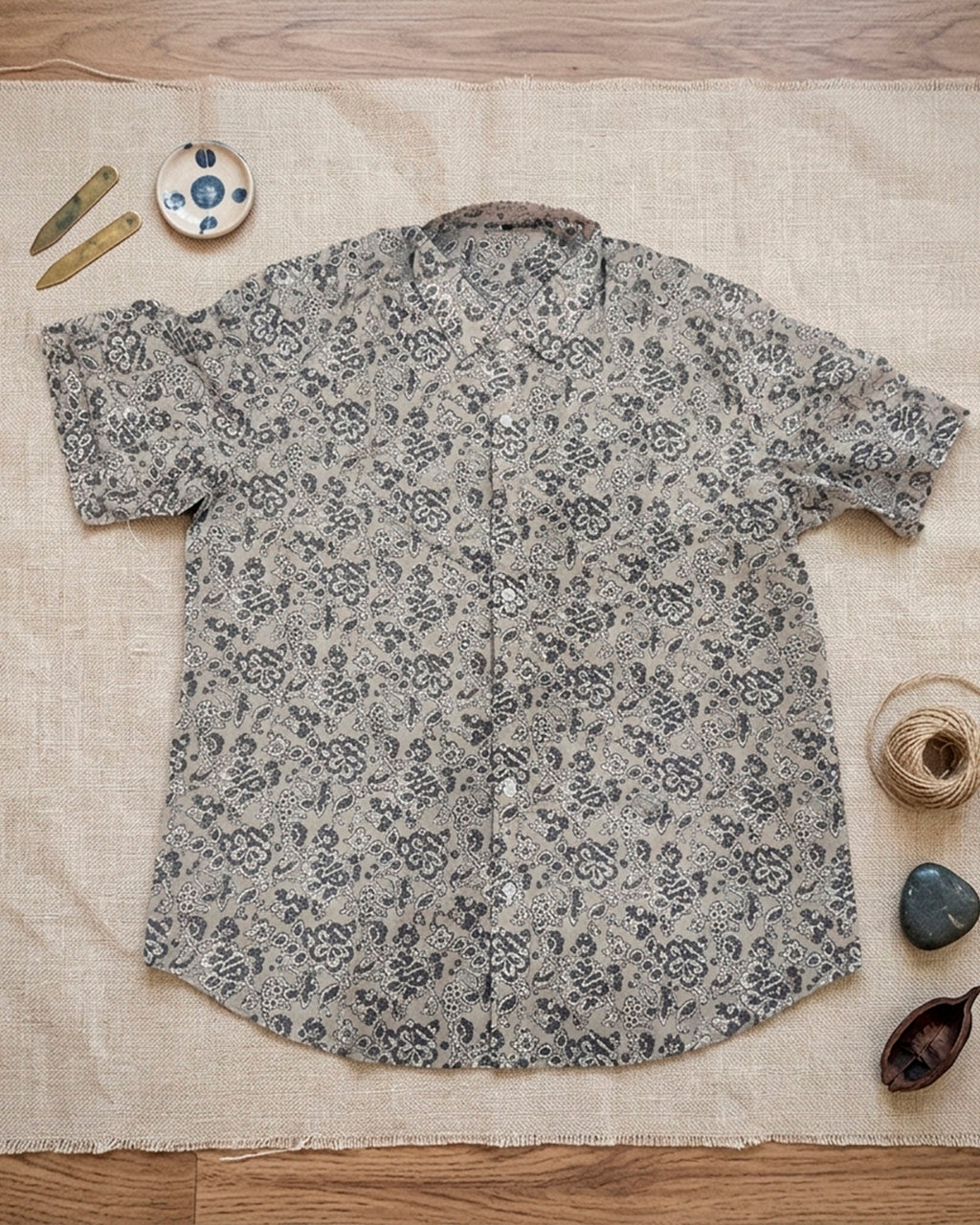 Grey and White Kalamkari Printed Shirt