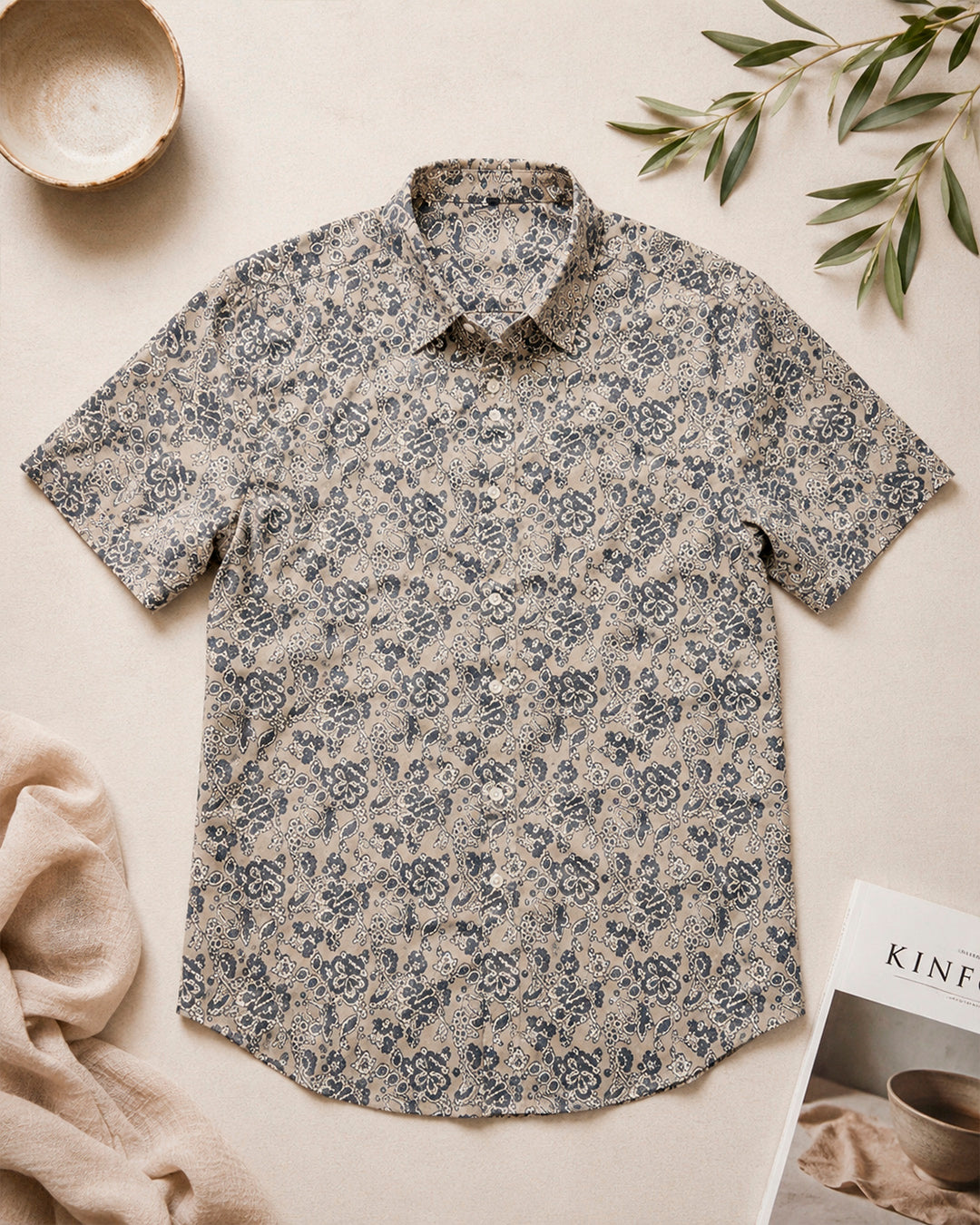 Grey and White Kalamkari Printed Shirt