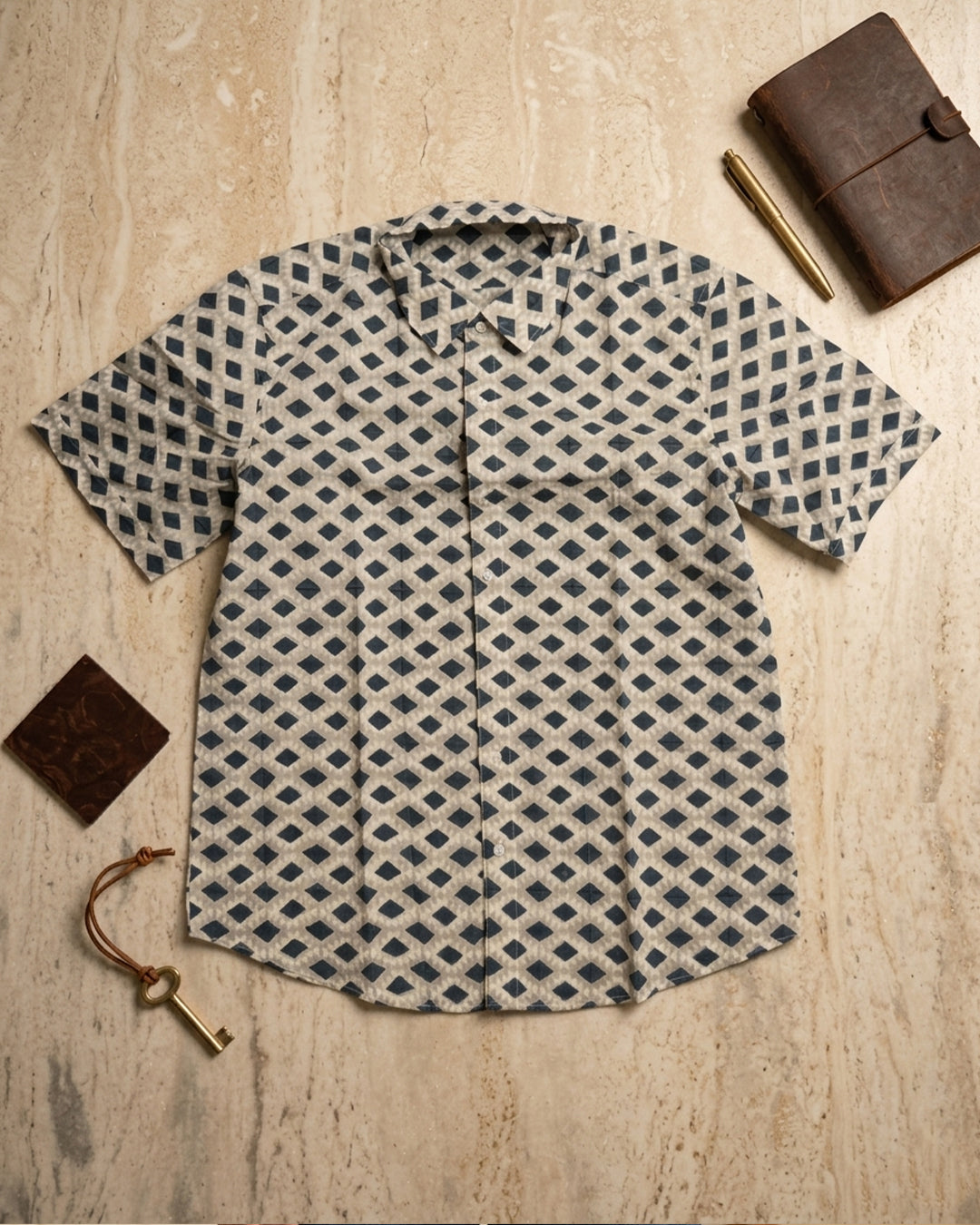 Grey Diamond Pattern Half Sleeve Shirt