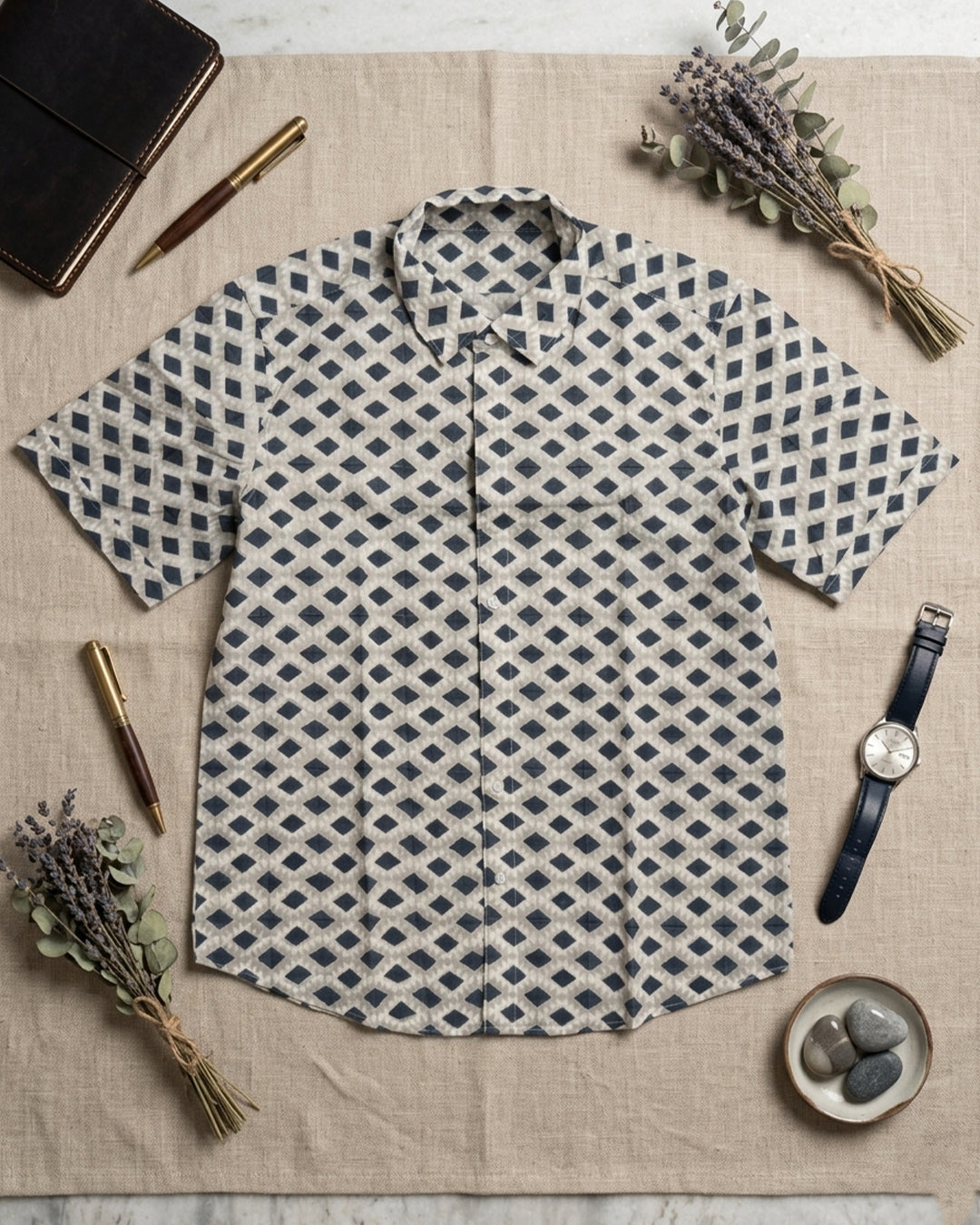 Grey Diamond Pattern Half Sleeve Shirt