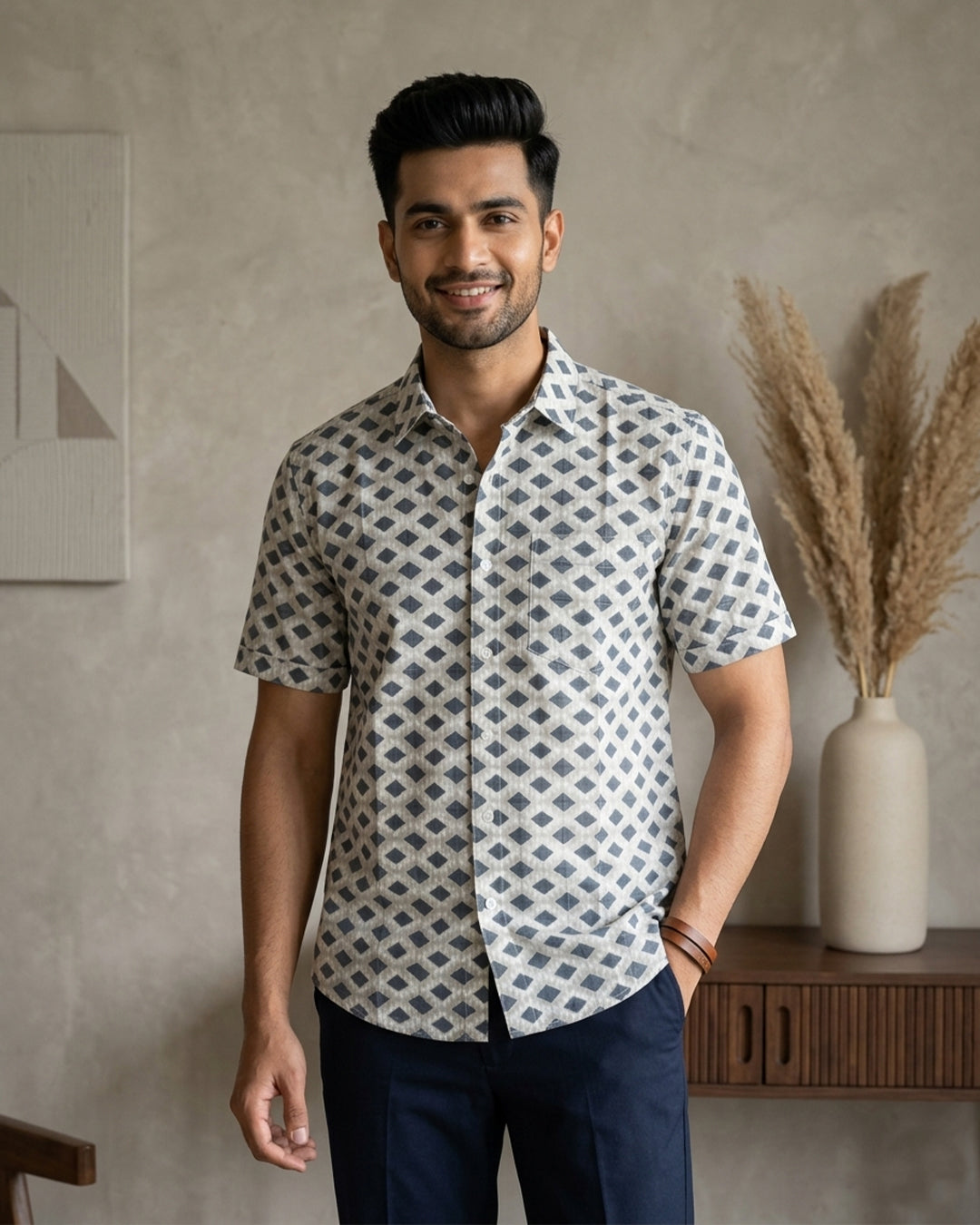 Grey Diamond Pattern Half Sleeve Shirt