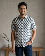 Grey Diamond Pattern Half Sleeve Shirt