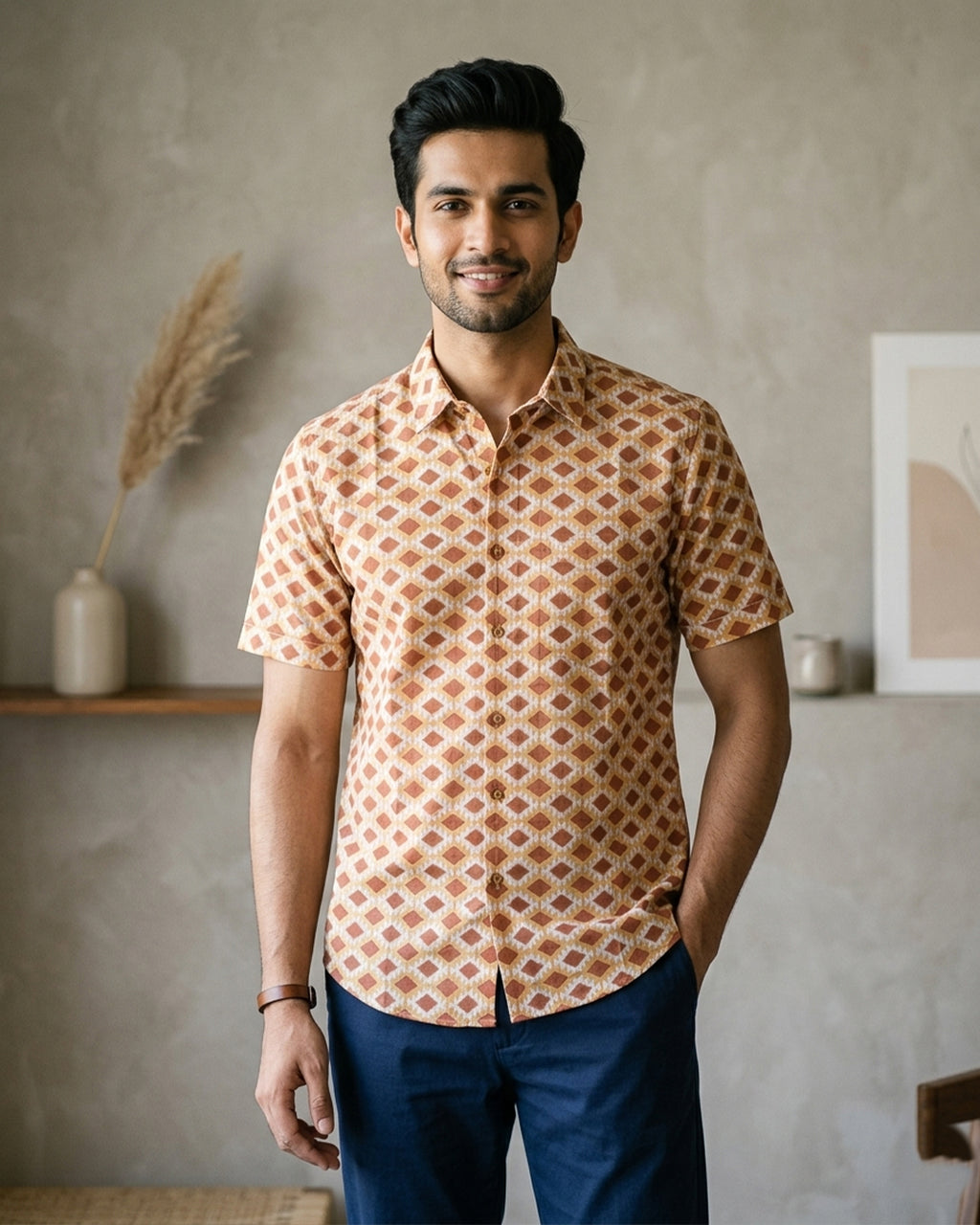 Brown Diamond Pattern Half sleeve shirt