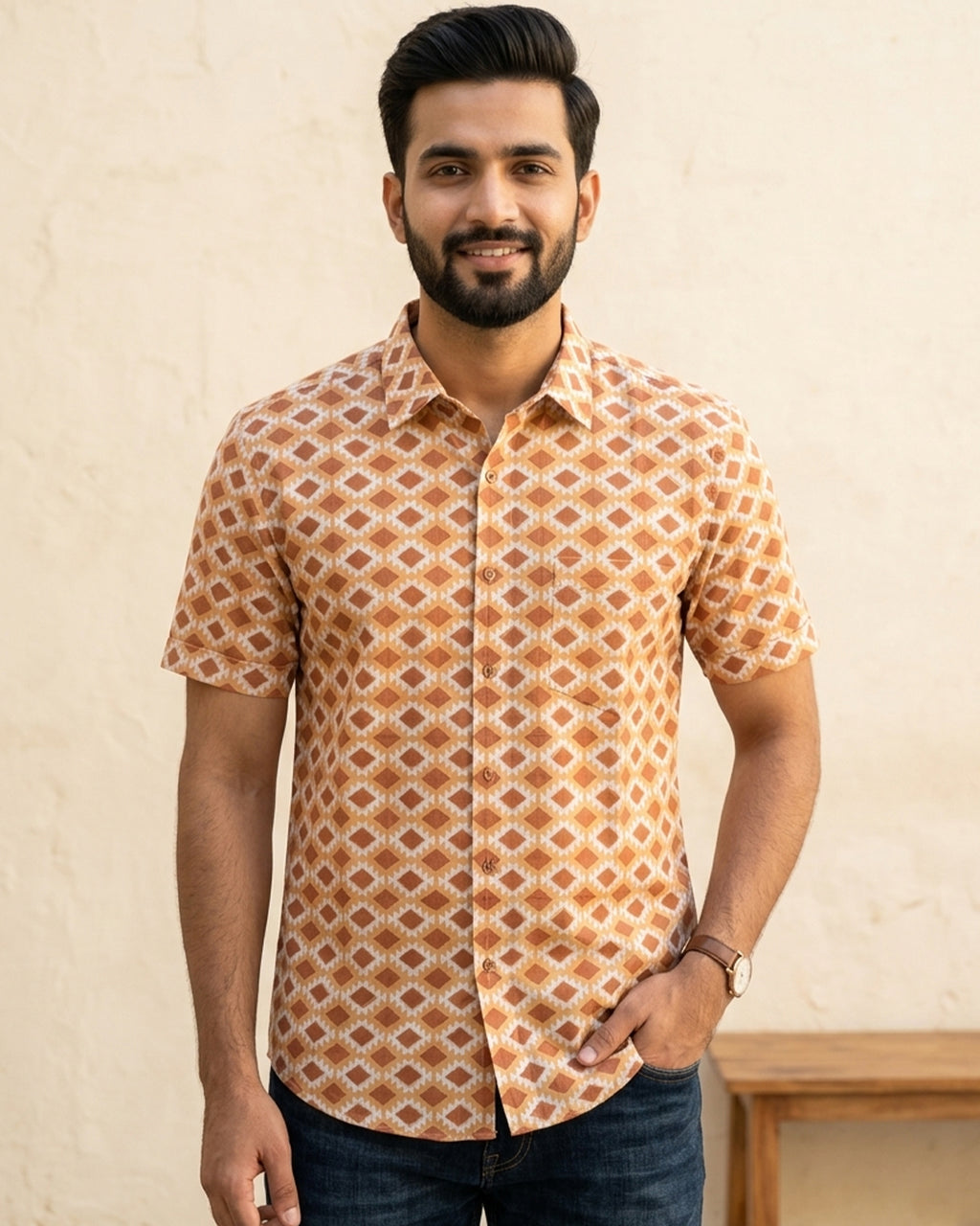 Brown Diamond Pattern Half sleeve shirt