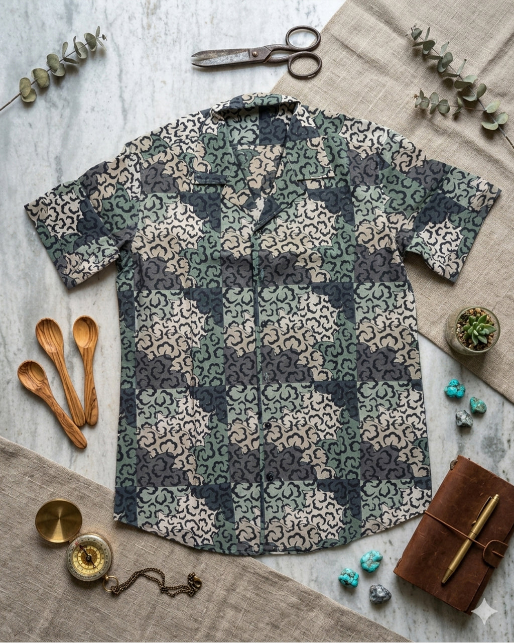 Grey and Blue Abstract Pattern Half Shirt
