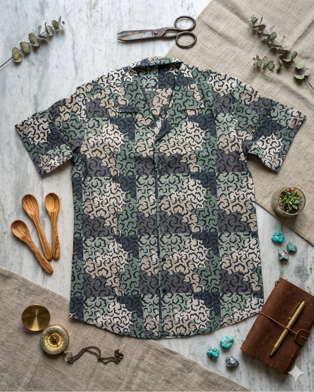 Grey and Blue Abstract Pattern Half Shirt