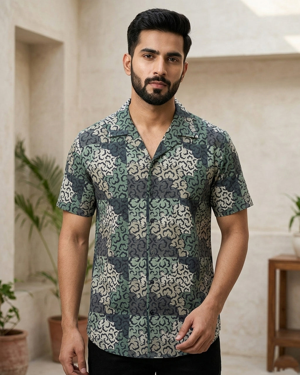 Grey and Blue Abstract Pattern Half Shirt