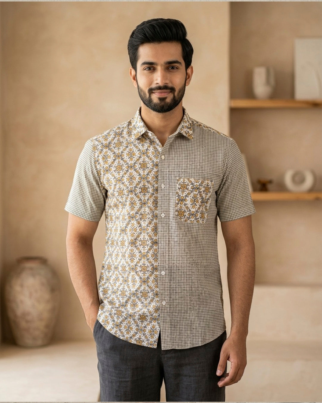 Pinchecks with Kalamkari Printed Shirt
