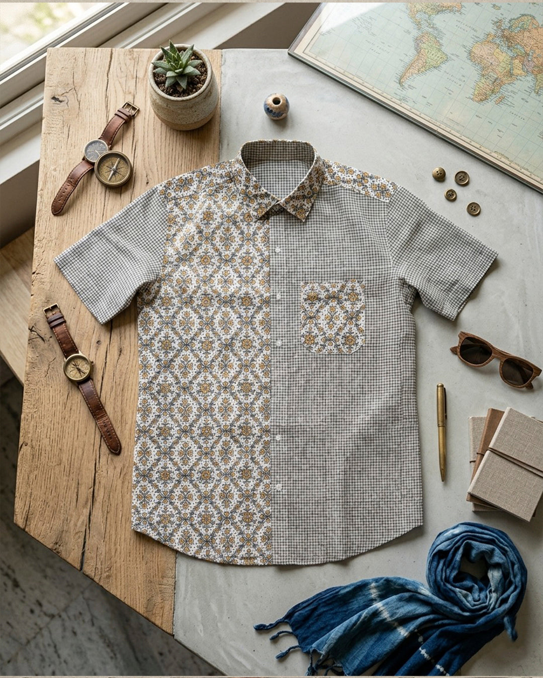 Pinchecks with Kalamkari Printed Shirt