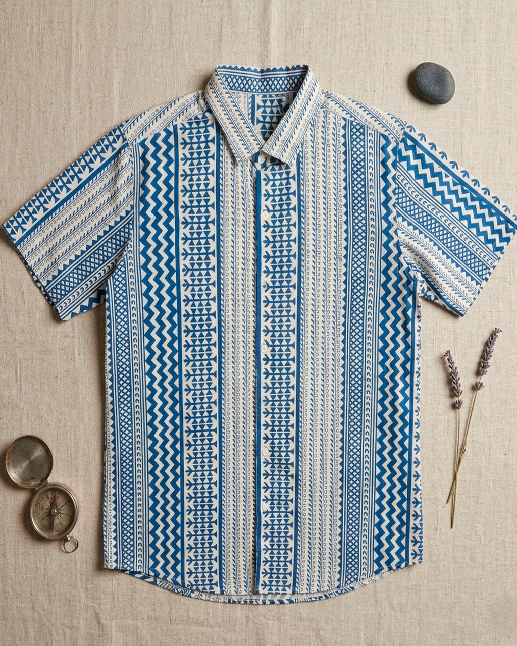 Blue Geometric Cotton Half sleeve Shirt
