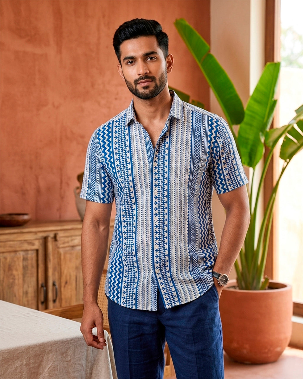 Blue Geometric Cotton Half sleeve Shirt