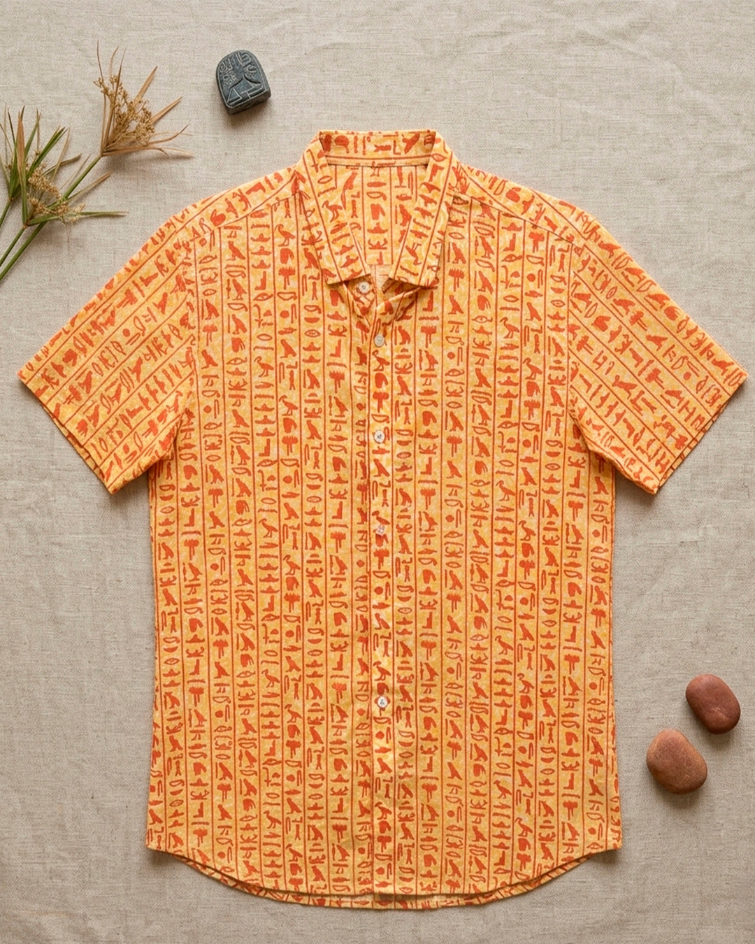 Orange Egyptian Motif Cotton Half sleeve Shirt