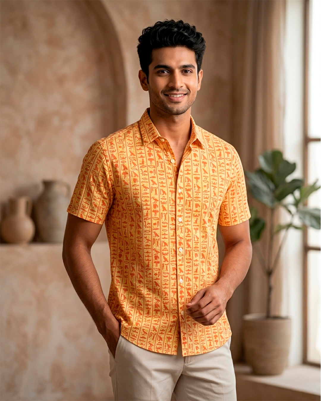 Orange Egyptian Motif Cotton Half sleeve Shirt