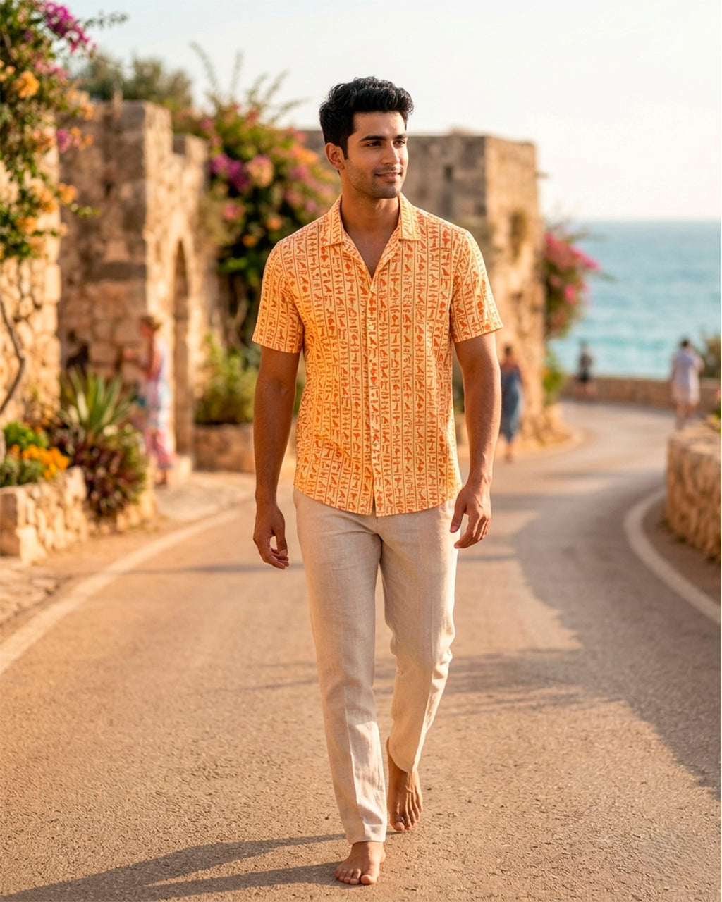 Orange Egyptian Motif Cotton Half sleeve Shirt