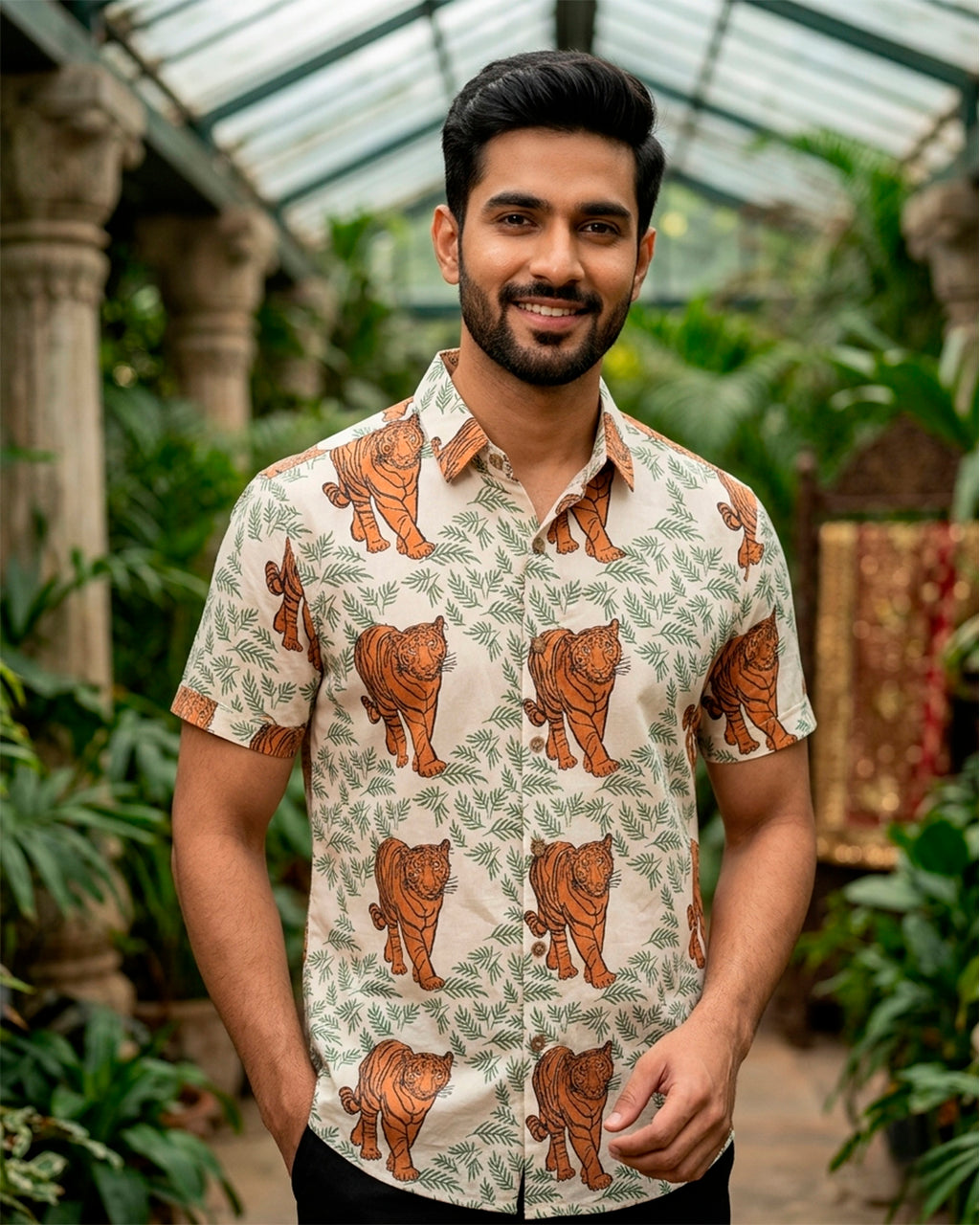 Tiger Print Cotton Half Sleeve Shirt
