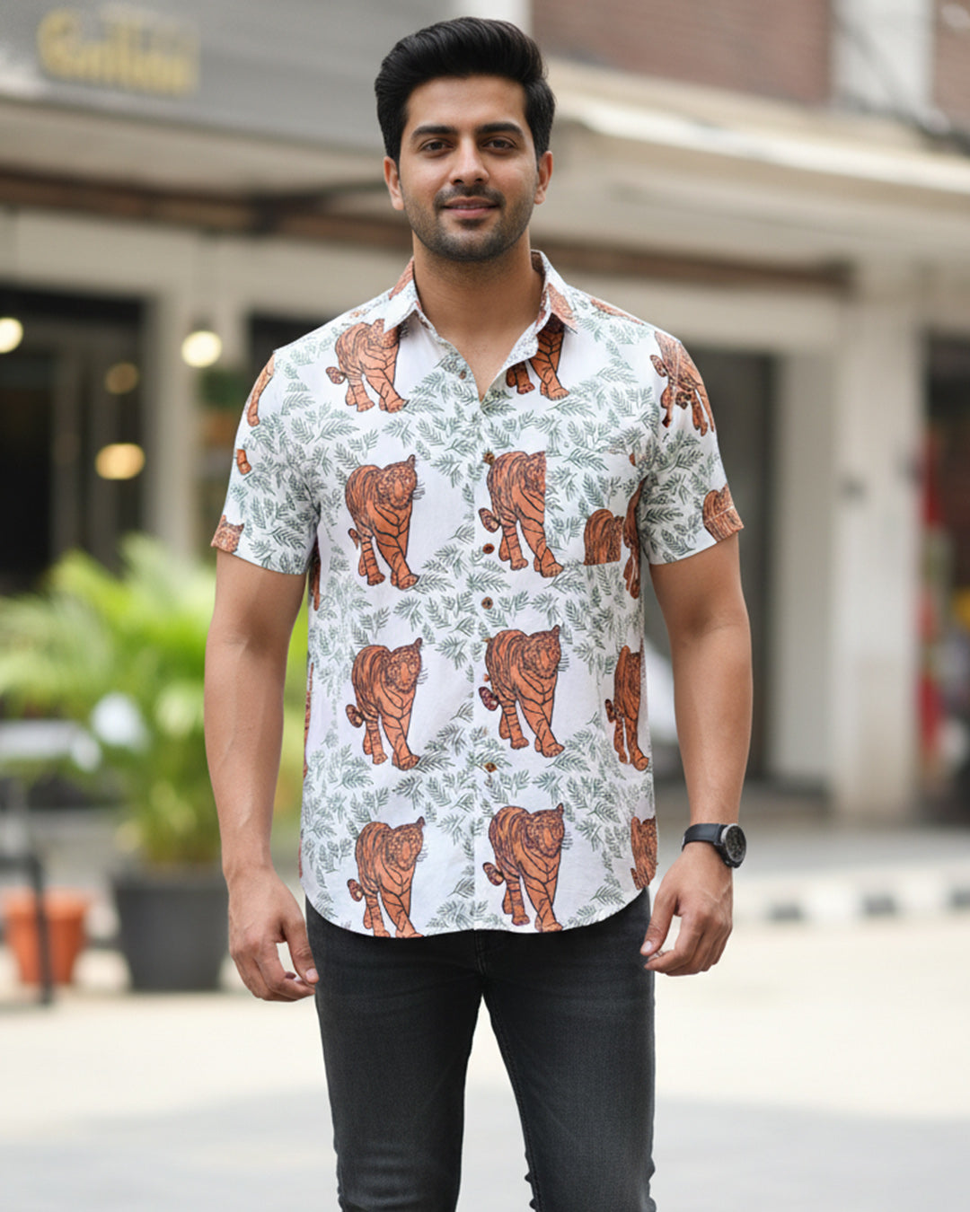 Tiger Print Cotton Half Sleeve Shirt