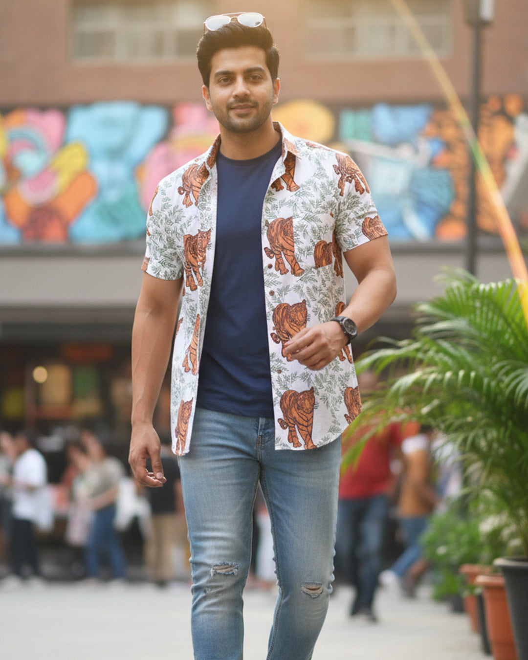 Tiger Print Cotton Half Sleeve Shirt