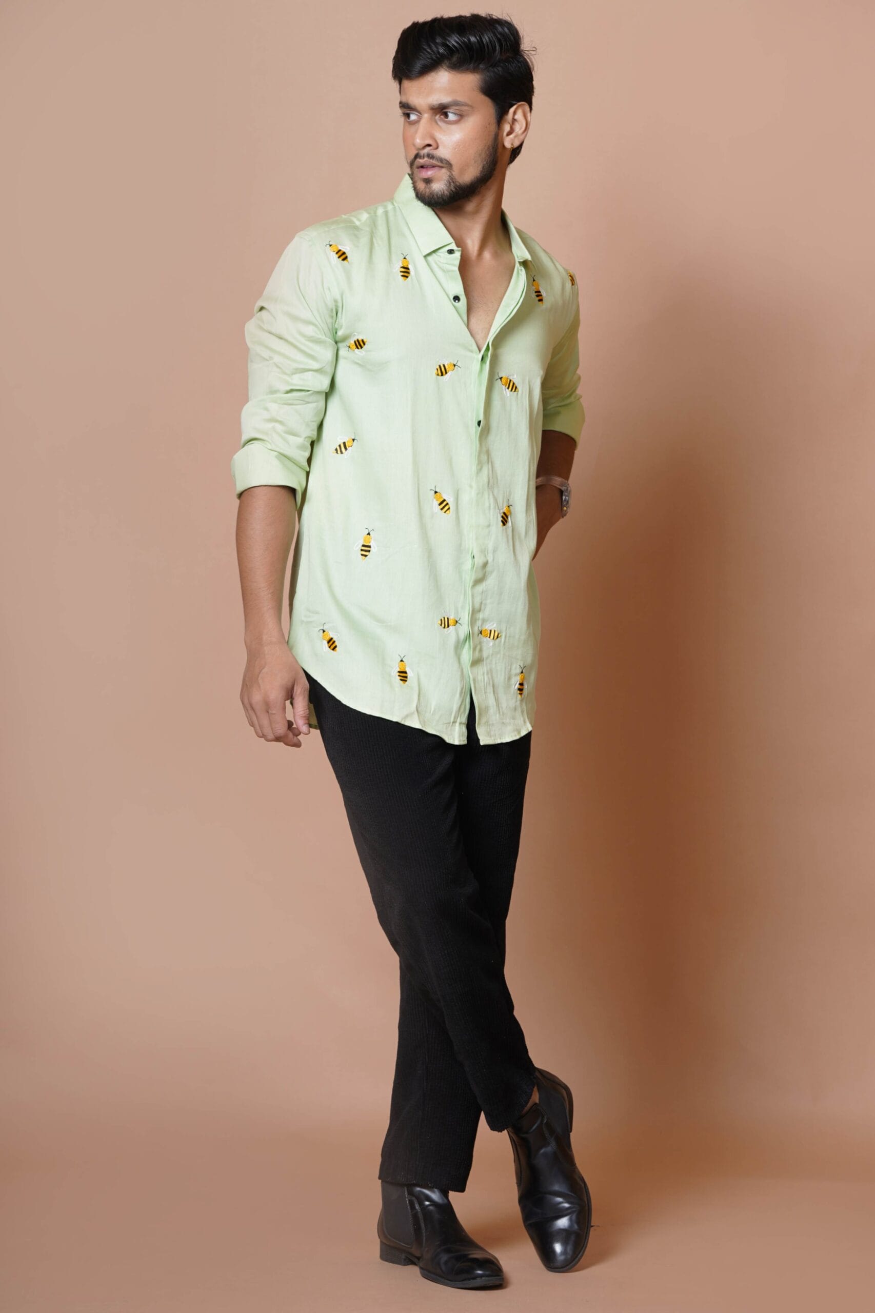 Bee Pattern Mens Hand Embroidered Full Sleeve Shirt