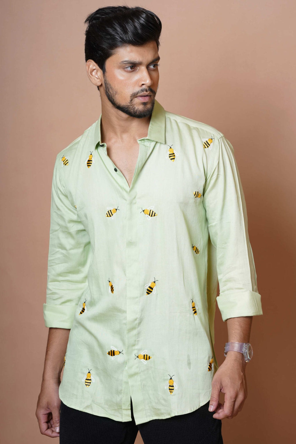 Bee Pattern Mens Hand Embroidered Full Sleeve Shirt