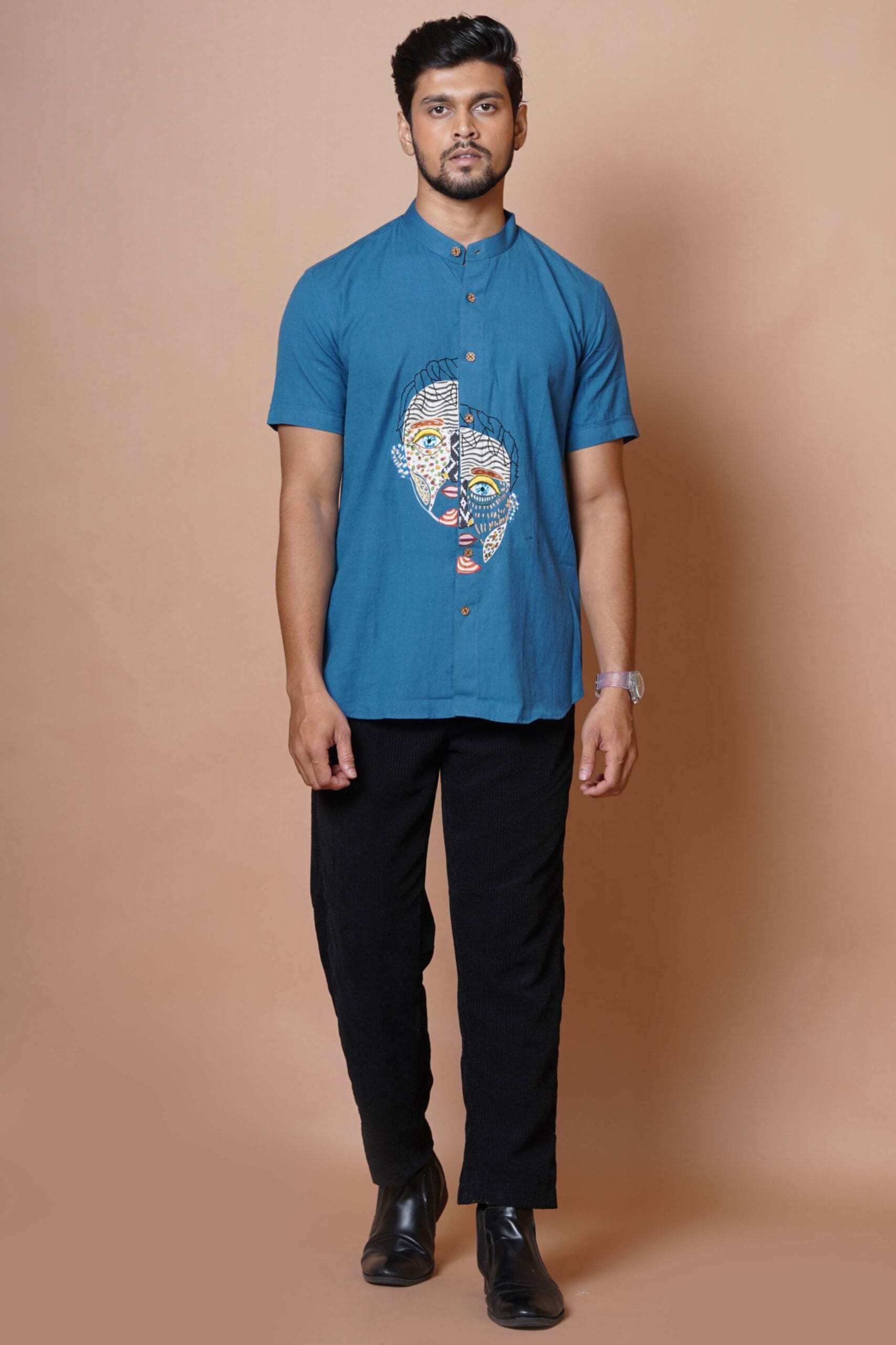 Blue Eyes Patch Work Mens Half Sleeve Shirt