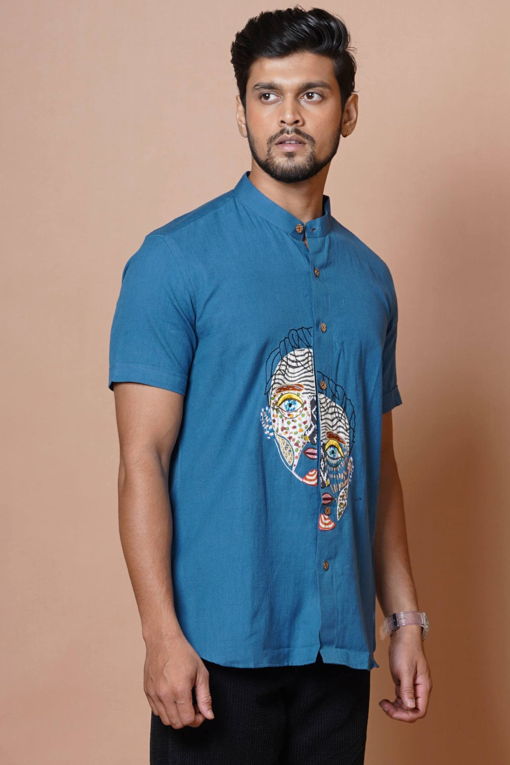 Blue Eyes Patch Work Mens Half Sleeve Shirt