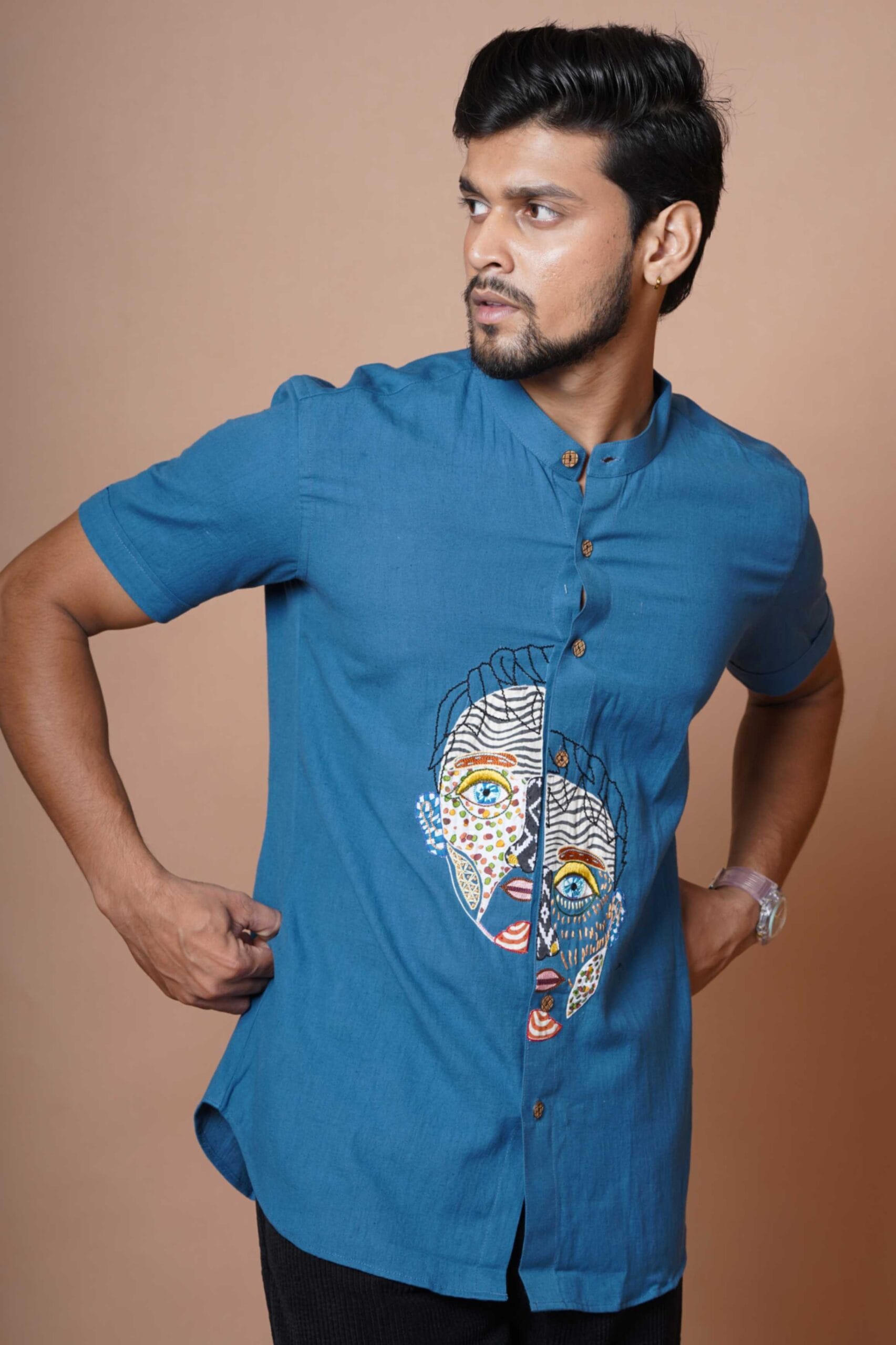 Blue Eyes Patch Work Mens Half Sleeve Shirt