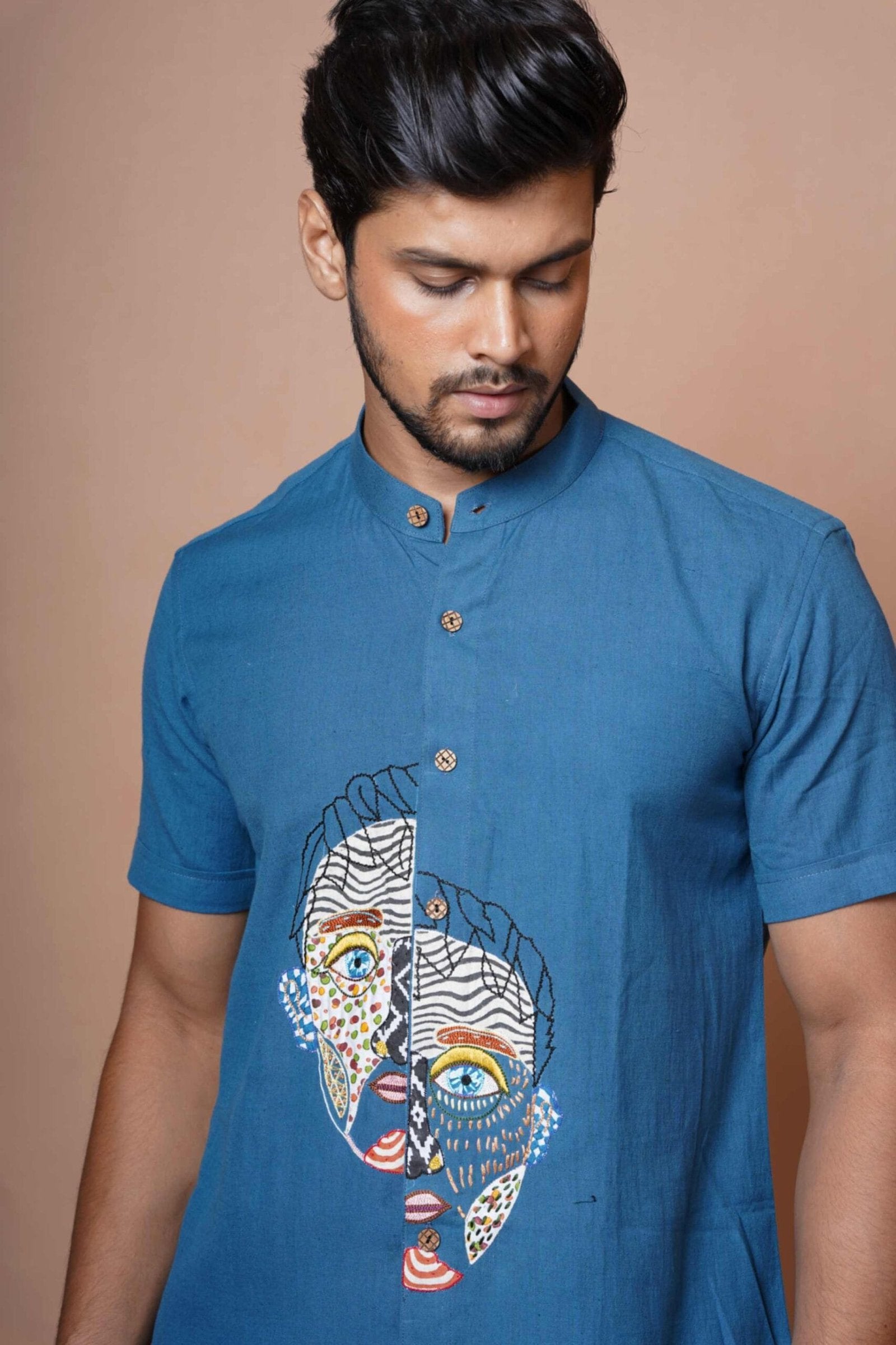 Blue Eyes Patch Work Mens Half Sleeve Shirt