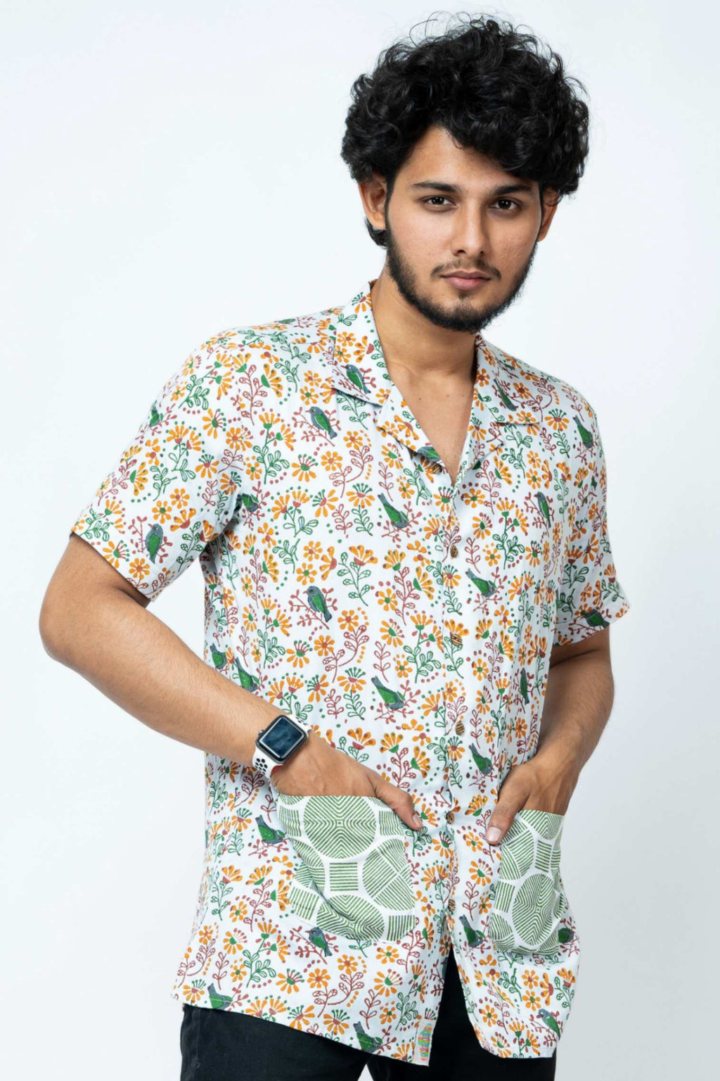 Bird Block Print Box Fit Casual Shirt