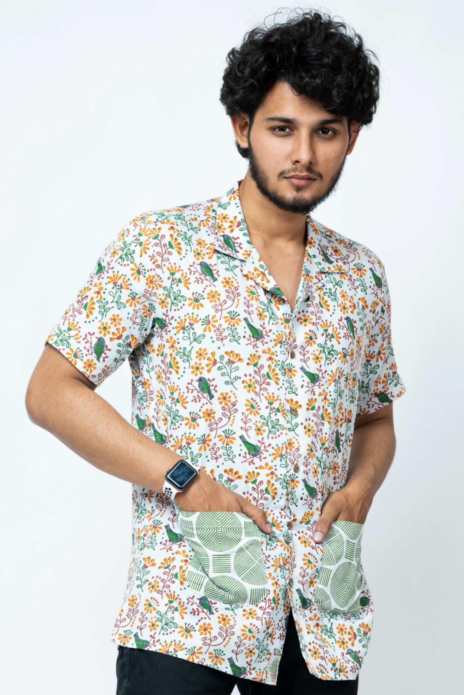 Bird Block Print Box Fit Casual Shirt