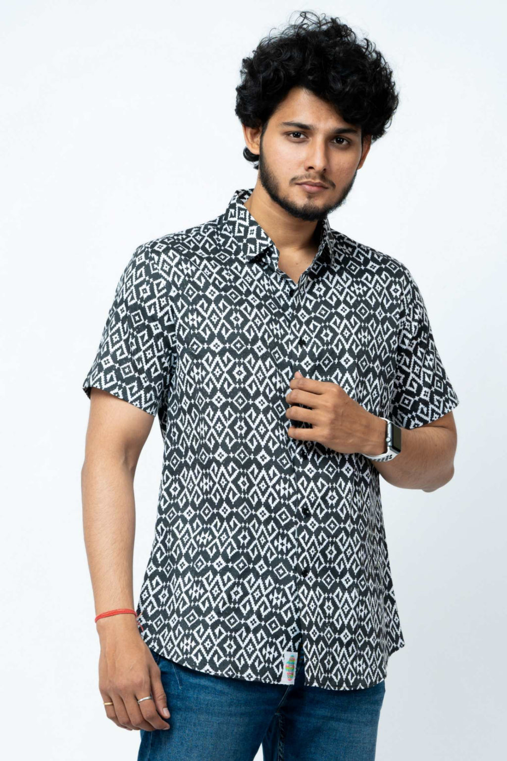 Black Ikat Print Regular Fit  Cotton Shirt