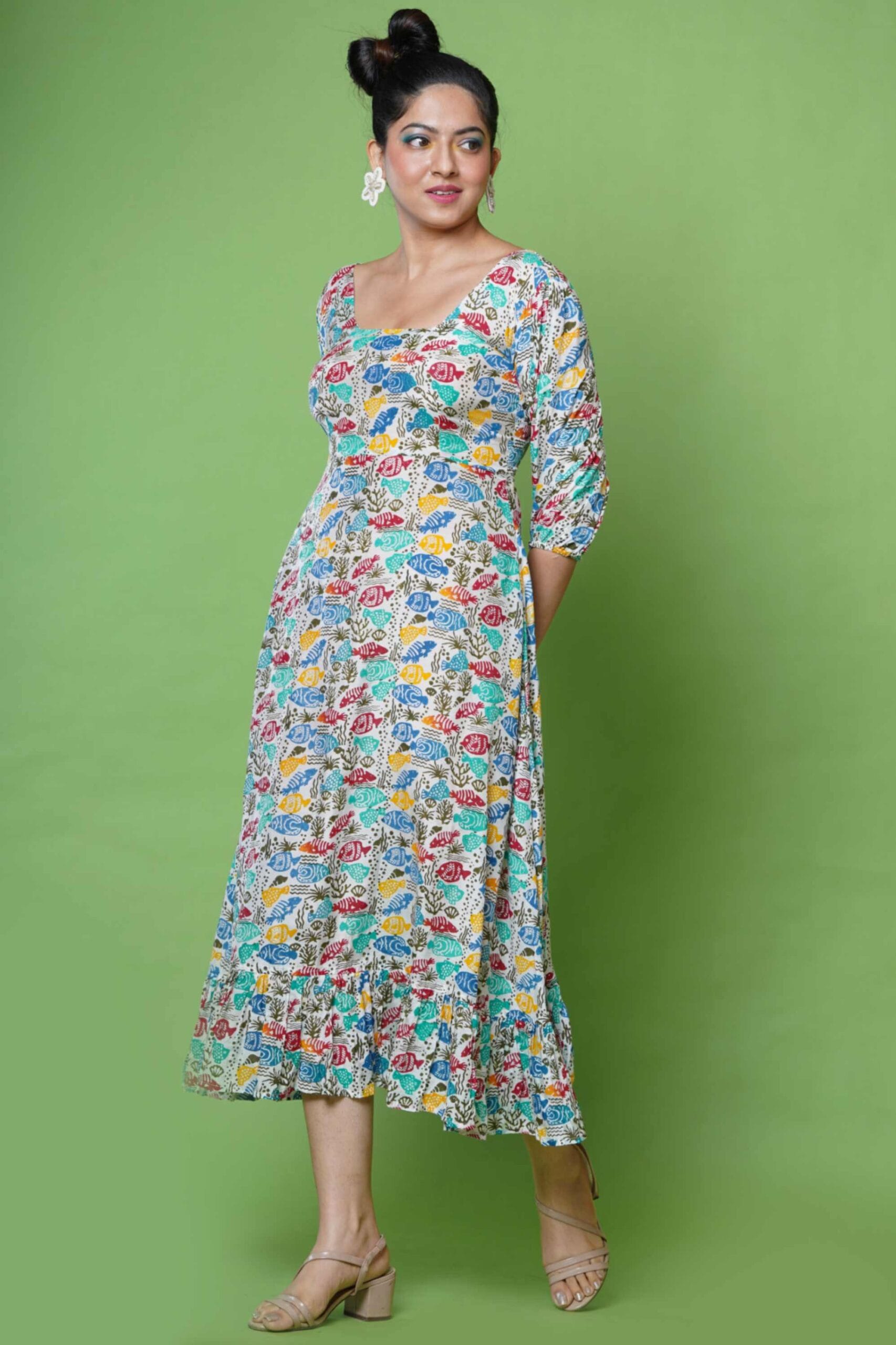 Block Print Underwater Theme Women Midi Dress