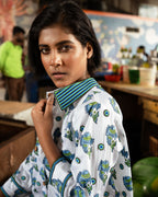 Women Hand Block Print Blue Fish Pattern Shirt With Beads  Embroidery