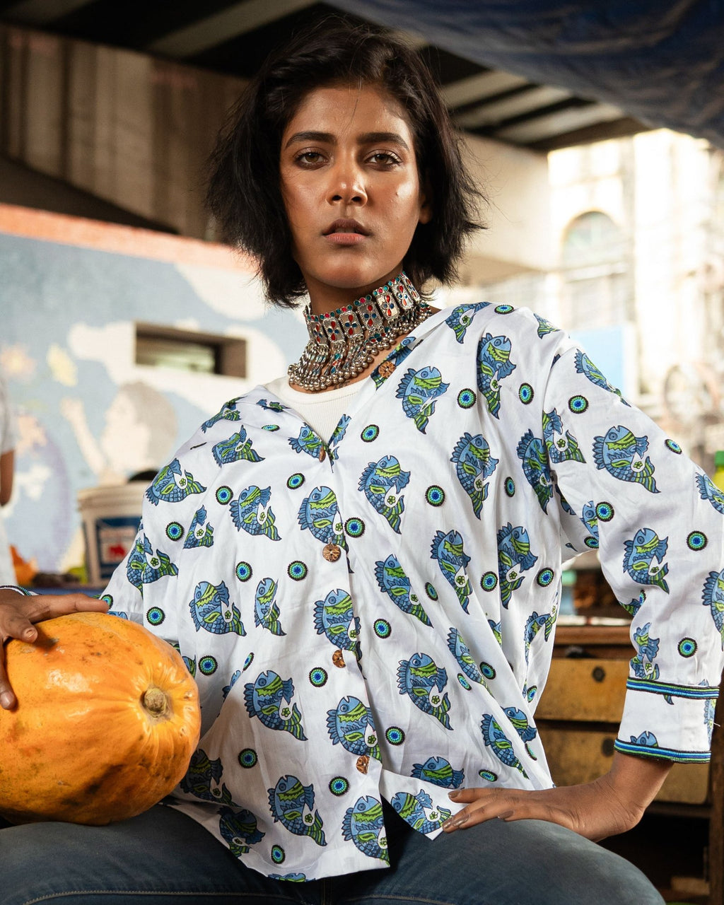 Women Hand Block Print Blue Fish Pattern Shirt With Beads  Embroidery