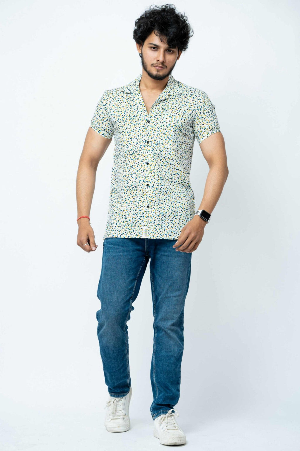 Blue Green Dot Print Mens Casual Shirt
