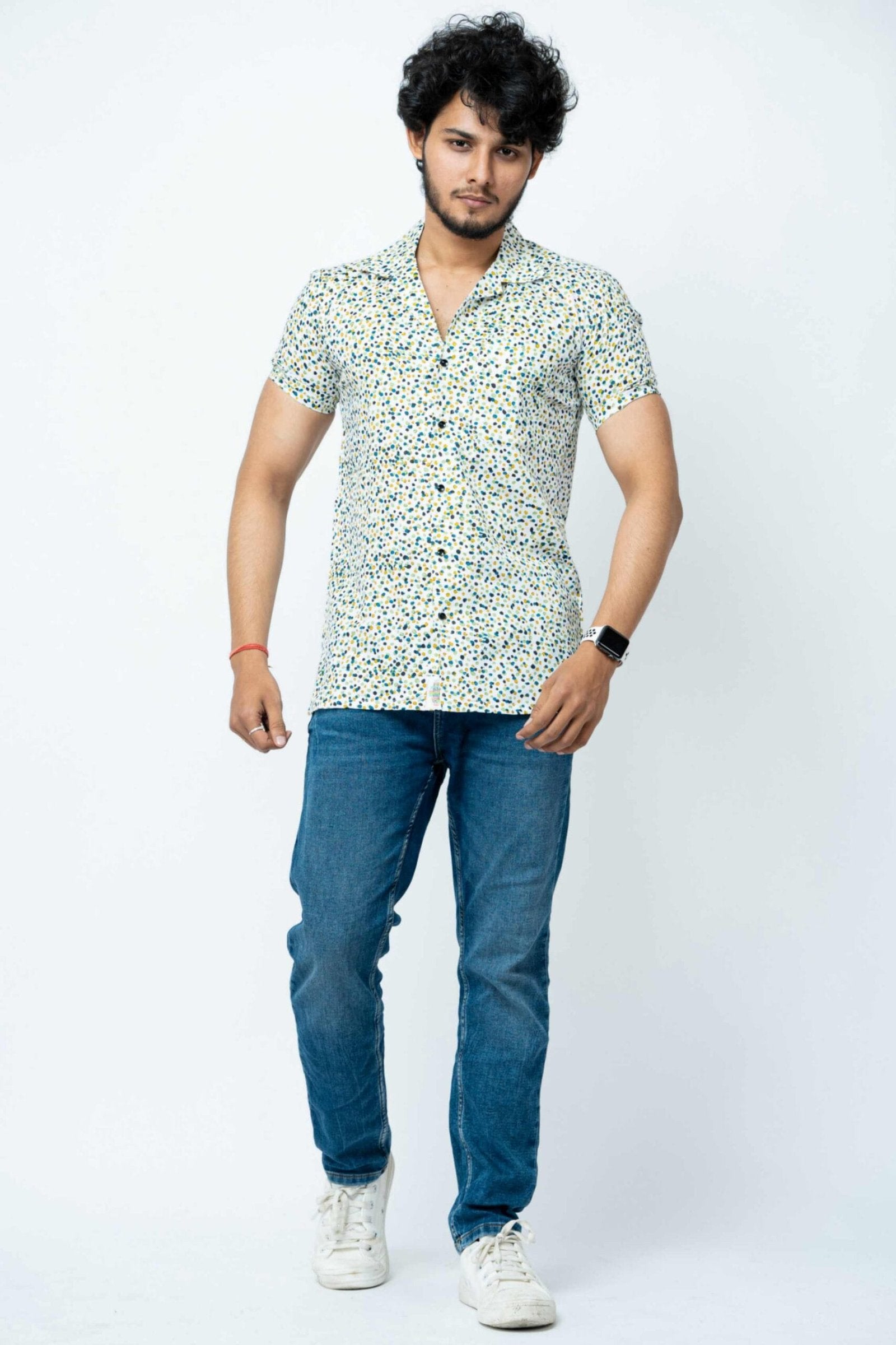 Blue Green Dot Print Mens Casual Shirt