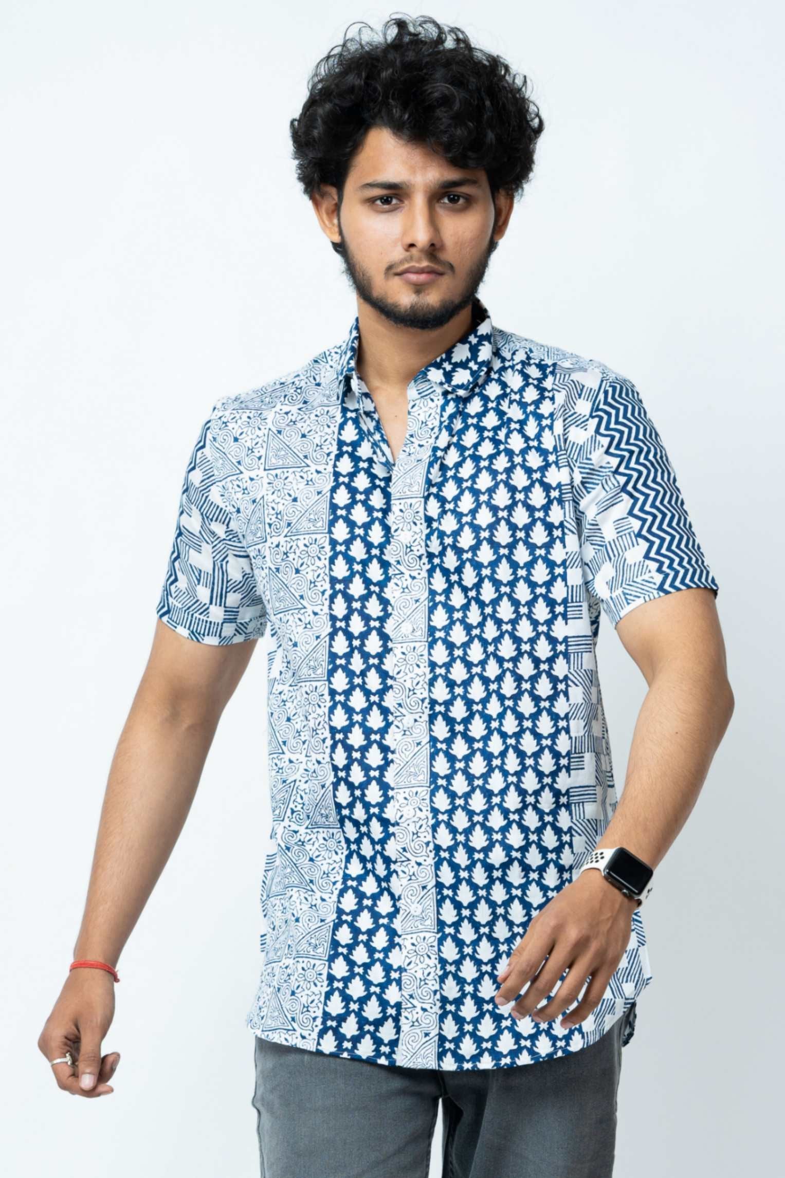 Blue Motif Block Print Casual Shirt