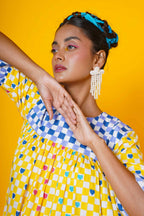 Blue And Yellow Block Print Women Dress In Polka Hearts