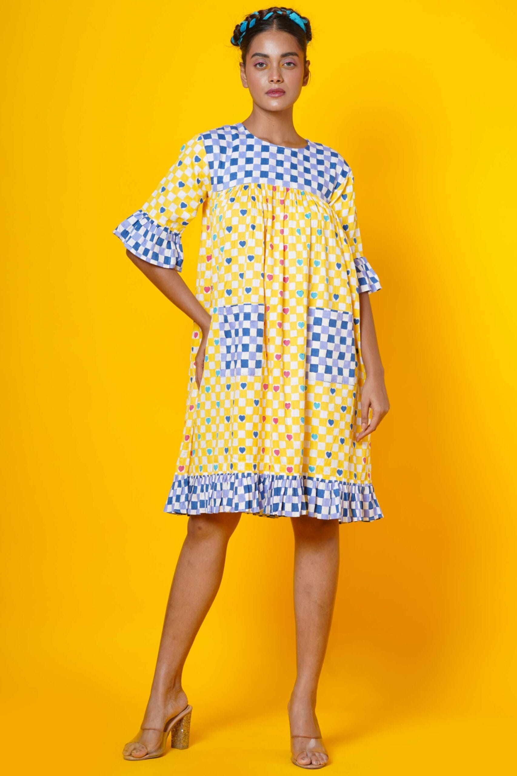 Blue And Yellow Block Print Women Dress In Polka Hearts