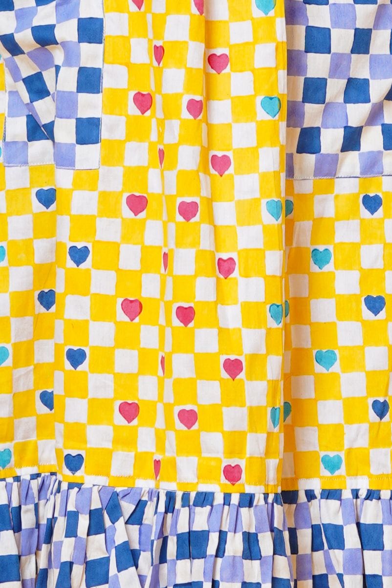 Blue And Yellow Block Print Women Dress In Polka Hearts