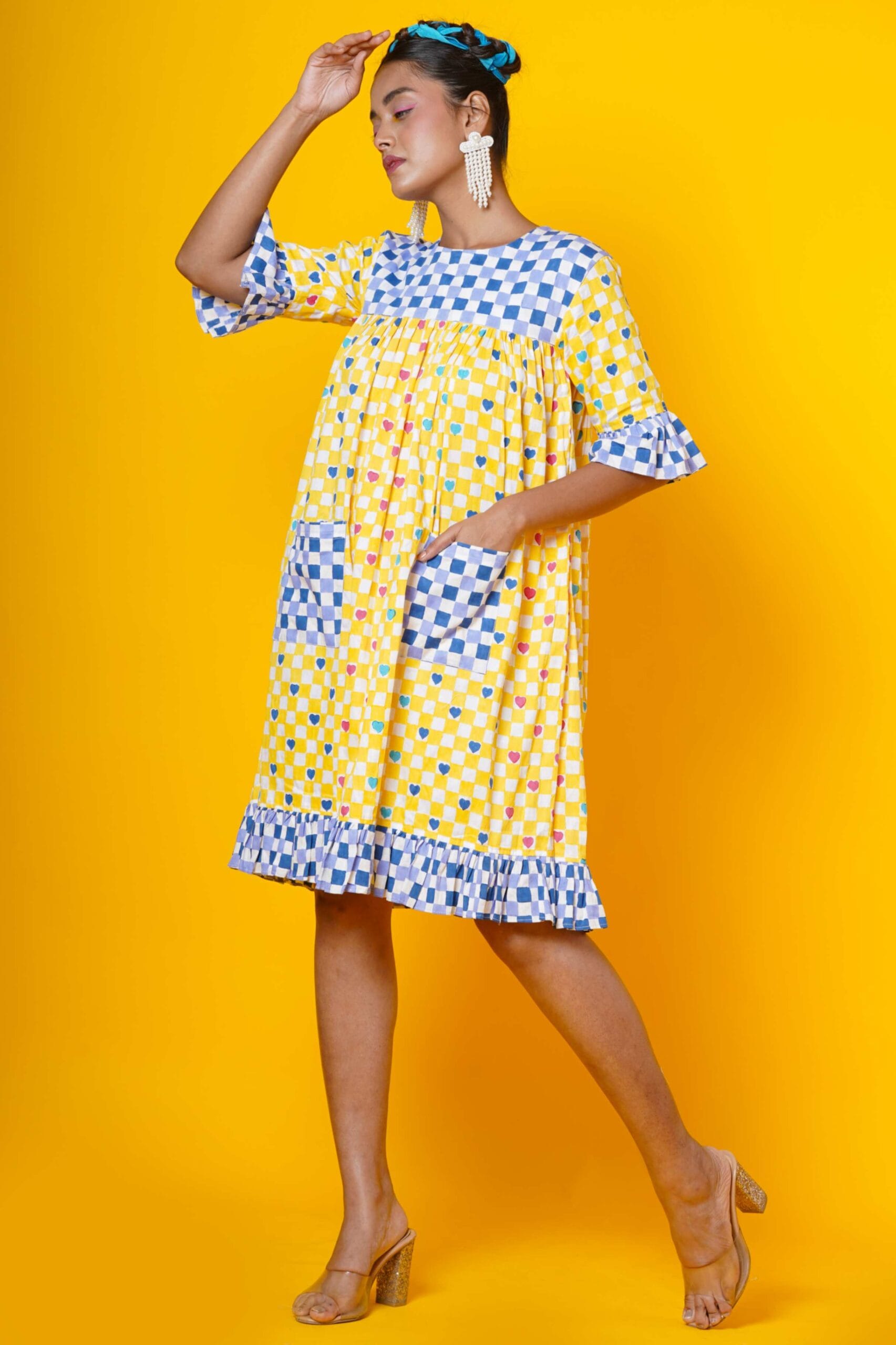 Blue And Yellow Block Print Women Dress In Polka Hearts
